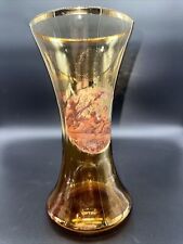 Antique Amber Glass Portrait  9.75 In Vase Hand Painted with Gold Trim Has Loss picture