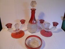 1Decanter Diamond Point Ruby 1Flash Bowl 2Tiffin Franciscan Double Candelabra picture
