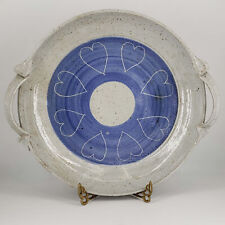 Stoneware Artisan  Signed Ceramic Blue Cream Hearts Bowl Dish w handles picture