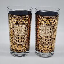 MCM Gold Leaf Highball Cocktail Glasses Pair Black and Gold Latice VTG picture
