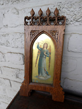 Antique neo gothic wood carved wall plaque religious angel portrait picture