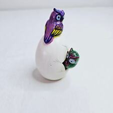 Bird Hatching Mexico Clay Double Owls Purple Green Hand Painted Signed Egg 216 picture