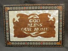 Old Vintage Bless Our Home Handmade Marquetry Inlay Wooden Wall Hanging Plaque picture