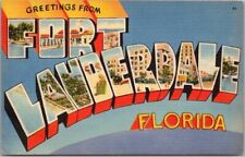 c1950s FORT LAUDERDALE Florida Large Letter Postcard Colorful TICHNOR Linen picture