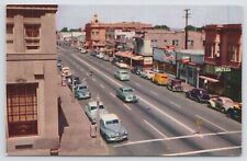 Main Street~Hollister CA~Walt's CU~Cafe~Classic Cars~Coca-Cola~Vintage Postcard picture