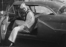 4E Photograph Handsome Man Sailor Uniform Cool Old Car 1957 Attractive 1950's  picture