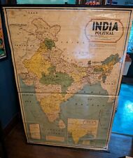 LARGE SCHOOL INDIA POLITICAL WALL MAP KHAZAN SINGH 59X38 1982 CANVAS WOOD VTG picture