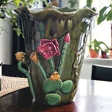Antique Majolica Pottery Large Vase Applied Frog Lotus Flower Lily Pad 13