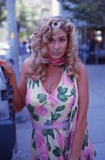 35 MM Color Slides Duplicate People Woman Blonde Curly Hair Floral Dress 1995 picture