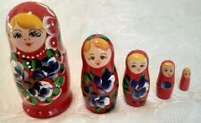 Vintage Russian Nesting Dolls handcrafted / handpainted wood RED w/BLUE FLOWERS picture