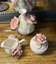 Vtg SEYMOUR MANN,  ROMANCE pink rose Vase, Sugar & Creamer, Hand Painted 3 Piece picture