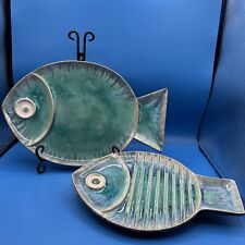 2 Global Views Marine Blue Teal Ceramic Pottery Fish Plates Platters or Wall Art picture