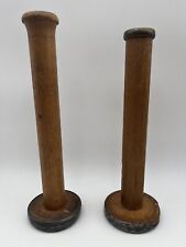 Two Vintage Industrial Factory Wooden Metal Edge Thread Spools 10 & 11” Tall picture