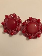 vintage estate red cluster edge button clip on earrings picture