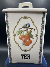 Vintage Czech White Block Tea Canister With Chickadee And Cherries picture