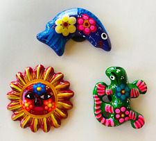 3 Mexican Talavera Folk Art Pottery Ceramic Sun Fish Lizard Refrigerator Magnet picture
