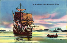 The Mayflower Sailing 1620 Plymouth MA Linen Unposted Postcard 1930s picture