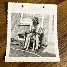 1950s Vintage B&W Photo Pretty Woman Smiling Swimsuit & Dog on Chair H1 picture