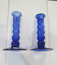 2 VINTAGE  BLUE GLASS CANDLEHOLDERS/VASES picture