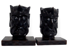 Set Of 2 VTG Hand Carved Black Ebony Tribal Chinese Sculpture Head 9'' Tall picture