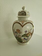 Kutani JAPAN Porcelain Vase Ginger Jar Flowers Birds Lidded Hexagon 8” picture