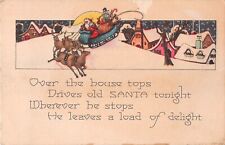 Reindeer Pull Santa Claus in Sleigh Over Snowy Houses-Old Art Deco Christmas PC picture