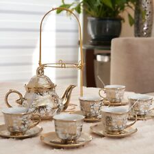 20 pc Tea Set /Tea Pot 6 Cups + Saucers, Rack Coffee Cup Set Gold tone 3 oz Cups picture