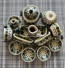 NEW POLISH POTTERY HANDCRAFTED MINI 20PCS CERAMIC DINNER SET GREEN FLORAL DESIGN picture