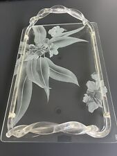 VINTAGE DOROTHY THORPE ETCHED GLASS TRAY WITH LUCITE HANDLES FLORAL DESIGN picture