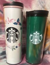 2 STARBUCKS ACRYLIC TRAVEL MUGS XMAS AND GREEN TUMBLERS. @@@@@@@@@@@@@@@@@@@@@@@ picture