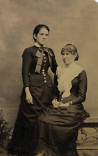 c1880s Tintype Mother Staring Off W Daughter Victorian Dress & Jewelry D4204 picture
