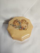 Vtg Genuine Alabaster Box Angels Cupid Octagonal Golden Lid Trinket Box Italy picture