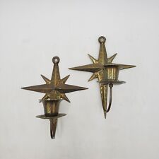 Pair of Brass Star Candle Sconce Etched  Wall Decor MCM Starburst Candleholder picture