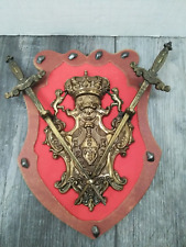 ANTIQUE Double Sword Double Lion Crown Family Crest Coat of Arms Ornate Shield picture