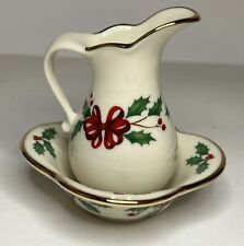 LENOX Christmas Ornament Miniature Water Pitcher & Bowl Red Bow Holly Berries picture