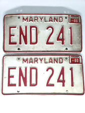 License Plates, 1980 Maryland (Pair) Vintage Red Letters on White Background Car picture