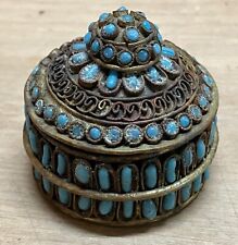 Tibet Brass Turquoise Beads Trinket Box Vintage picture