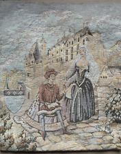 French Antique Petits Points Tapestry - Couple in Middle age costumes, Castle picture