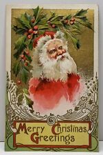 Christmas Greetings Santa Hollyberry Gold Gild Embossed 1910 Postcard F17 picture