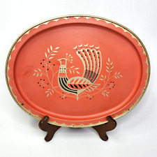 Vintage MCM Red Tin Serving Tray Gold Peacock Accents 14.5x11.5