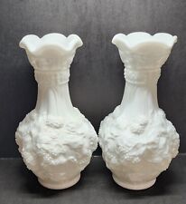 2 Stunning Imperial Glass Satin Doeskin White Milk Glass Loganberry Grapes Vase picture