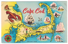 VINTAGE 1950'S GREETINGS FROM CAPE COD MASSACHUSETTS MAP SIGHTS POSTCARD picture