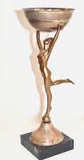 VINTAGE METAL FEMALE FIGURINE SCULPTURE HOLDING A CUP , MARBLE BASE ,15.7'' TALL picture