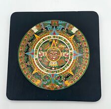 Aztec Mayan Calendar Sun Stone Wall Plaque Black Wood  Enameled Mexico w/legend picture