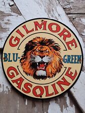 VINTAGE GILMORE PORCELAIN SIGN OIL BLU-GREEN GAS STATION SERVICE PUMP PLATE LION picture