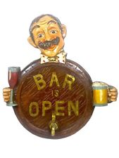 Wooden Bar Is Open Sign Bartender Holds Drings Round Keg Middle Vtg Rare ~16x15” picture