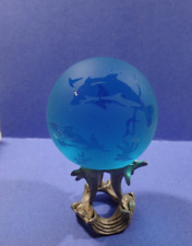 VTG 1996 Glass Baron Paperweight Round Blue Dolphins Coral Frosted Pewter Stand picture