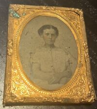 late 1800s daguerrotype/tintype/ambrotype hand tinted girl, broken gold frame picture