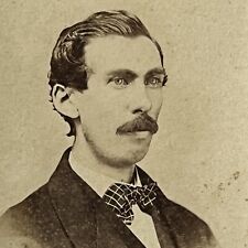Antique CDV Photograph Charming Man Mustache Great Bow Tie Troy NY picture
