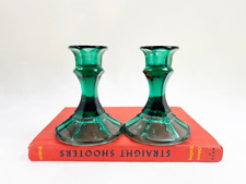Two Vintage Forest Green Glass Candle Holders Centerpiece Candlestick Lighting picture